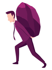 Businessman with boulder vector illustration. Stressed mans carry heavy stone on shoulder overwhelmed with problem or task. Crisis problem of business people, burden, challenge, conquering concept
