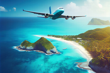 Airplane is flying over islands and tropical coastline. Landscape with white passenger aircraft. Generative AI.