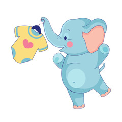 Cute cartoon baby elephant with baby clothes. Elephant cartoon style logo, vector art and illustration. Vector illustration of elephant standing and smiling happily. Children's illustration book