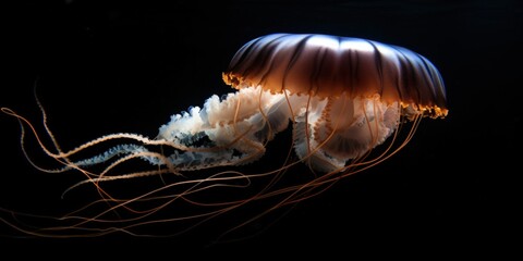 A jellyfish is in close-up view and set against a black background. Generative AI