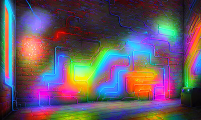 Neon lights reflecting on futuristic brick wall in empty streets of city.Designed with artificial intelligence, Generative AI
