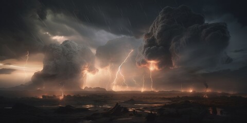 Obraz premium A massive storm cloud illuminated by bright bolts of lightning. Generative AI