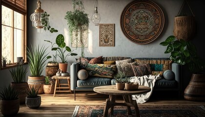 Fototapeta na wymiar Living room in bohemian style, design, interior, Generative AI