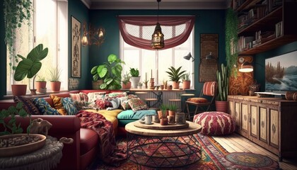 Living room in bohemian style, design, interior, Generative AI