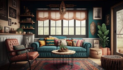 Living room in bohemian style, design, interior, Generative AI