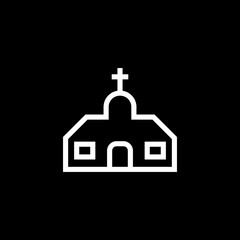 White line Church building icon isolated on black background. Christian Church. Religion of church. 