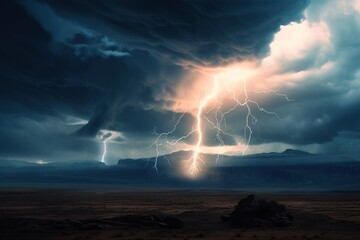 A massive storm cloud illuminated by bright bolts of lightning. Generative AI