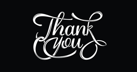 Thank You text. Handwritten modern brush lettering in white color on a black background suitable for cards, banners, or posters. Isolated vector