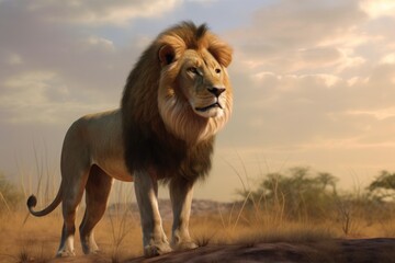 Obraz premium A majestic lion stands boldly in the vast expanse of the savannah. Generative AI