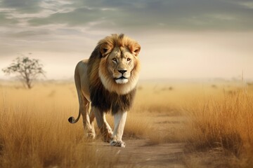 A majestic lion stands boldly in the vast expanse of the savannah. Generative AI