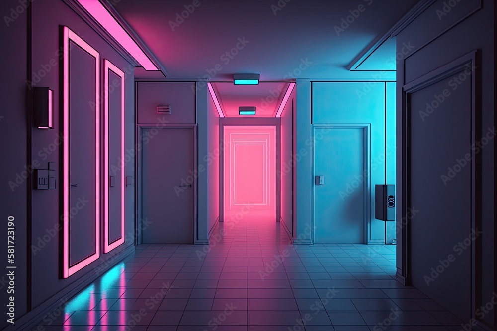 Sticker Neo cyberpunk modern room with no furniture in the future. realistic lighting for movies. template, structure, and room arrangement. Illustration of a large corridor with pink and blue lighted walls