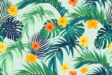 Tropical pattern with green palm leaves and hibiscus flowers. Summer bright vector background or textile illustration.