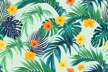 Tuinposter Tropical pattern with green palm leaves and hibiscus flowers. Summer bright vector background or textile illustration. © Ms.Moloko