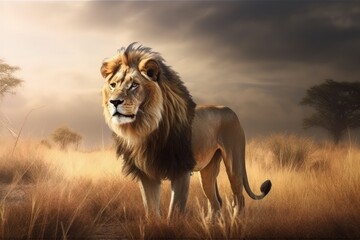 A majestic lion stands boldly in the vast expanse of the savannah. Generative AI