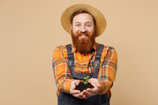 Happy Smiling Young Bearded Man Wearing Straw Hat Overalls Work In Garden Hold In Palms Soil With Seedling Sprout Isolated On Plain Pastel Beige Color Background Studio Portrait. Plant Caring Concept.