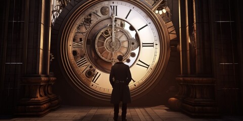 Fototapeta na wymiar A steampunk-inspired 3D rendered image featuring a man standing in front of a giant clock. Generative AI