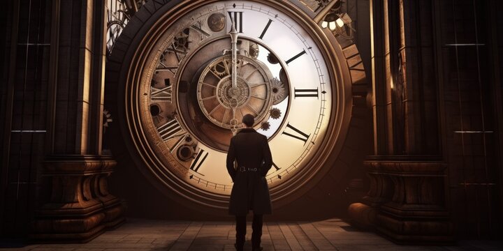 A steampunk-inspired 3D rendered image featuring a man standing in front of a giant clock. Generative AI