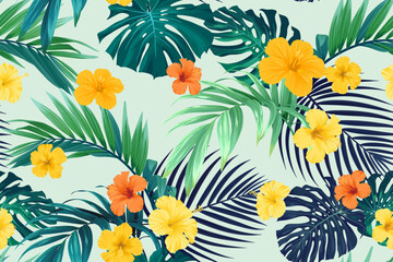 Tropical pattern with green palm leaves and hibiscus flowers. Summer bright vector background or textile illustration.