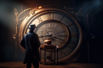 A steampunk-inspired 3D rendered image featuring a man standing in front of a giant clock. Generative AI