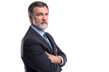 Happy satisfied mature businessman looking at camera isolated on transparent background