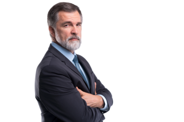 Happy satisfied mature businessman looking at camera isolated on transparent background
