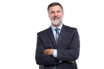 Happy satisfied mature businessman looking at camera isolated on transparent background
