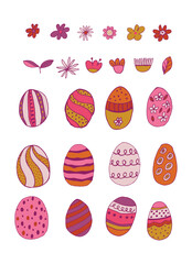 Easter eggs with botanical elements set doodle style. Happy easter hand drawn isolated on white background. Spring holiday. Happy Easter. Vector Illustration.