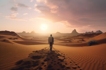 Fototapeta na wymiar A man gracefully treads through a vast desert covered in golden sand during a breathtaking sunset. Generative AI