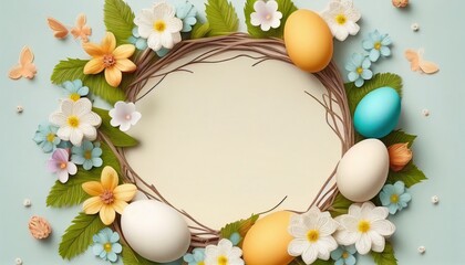 Naklejka na ściany i meble Easter frame decoration background with eggs and flowers