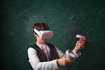 a boy playing with VR headset