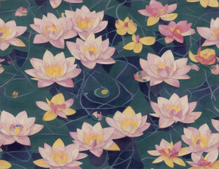 Seamless pattern with lotuses in the pond. Decorative painting, Generative AI