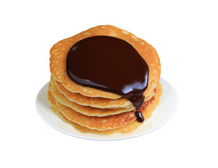 Stack of mouthwatering pancakes with melting dark chocolate sauce Isolated on Transparent Background, PNG File