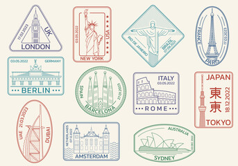 Travel, passport stamps or seals with city landmarks. World famous places set. Vector illustration. - obrazy, fototapety, plakaty