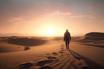 Fototapeta na wymiar A man gracefully treads through a vast desert covered in golden sand during a breathtaking sunset. Generative AI