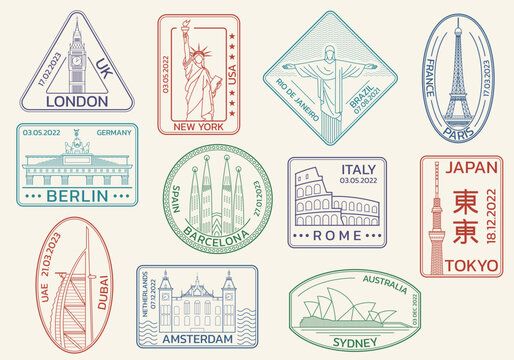 Travel, passport stamps or seals with city landmarks. World famous places set. Vector illustration.