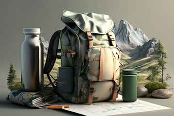 Hiker's backpack with pockets and a tethered thermos is shown on a white background next to a paper trail map. Generative AI - obrazy, fototapety, plakaty