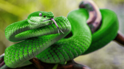 Green viper snake in close up 