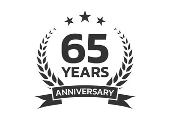 65 years anniversary laurel wreath logo or icon. Jubilee, birthday badge, label or emblem. 65th celebration design element. Vector illustration.