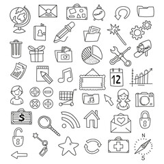 Fototapeta premium Hand-drawn icons set of magnifier, house, graph and other. Vector illustration, doodle style. 