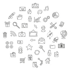 Hand-drawn icons set of magnifier, house, graph and other. Vector illustration, doodle style.

