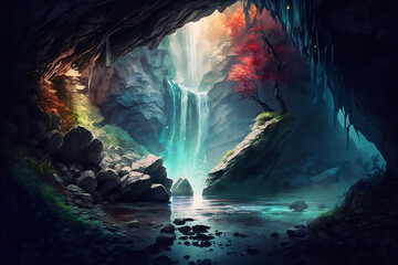 Inside the cave with colorful background. Generative AI.