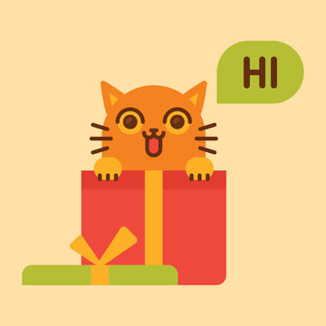 Cat in gift box says hi. Funny character
