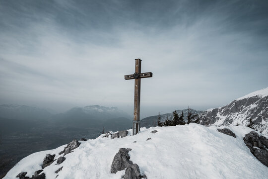 summit cross on the top of mountain in the alps