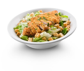 Ensalada cesar con pollo rebozado, dieta. Caesar salad with battered chicken, diet.
