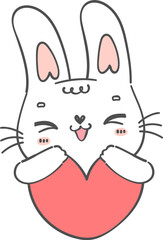 kawaii happy smile white bunny holding red heart, cute whimsical rabbit kid cartoon doodle hand drawing