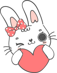 Kawaii White Bunny with Red Heart,  Cute Hand-Drawn Doodle