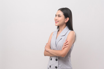 Portrait of beautiful woman over white background studio.