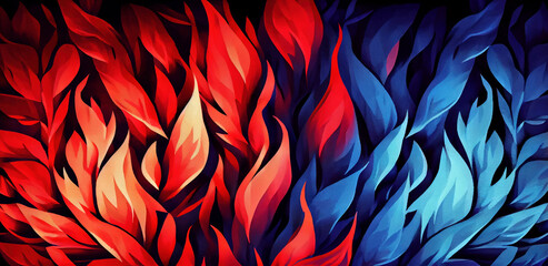 Red and blue fire background, burning hot and cold flames watercolor illustration banner, created with Generative AI technology - 581728524