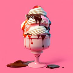 Vanilla, strawberry and chocolate sundae ice-cream on pink background