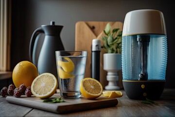 On a kitchen table, a glass of purified water with a reverse osmosis filter, lemons, and cartridges. Concept filtration or purifying system for the home. Generative AI - obrazy, fototapety, plakaty
